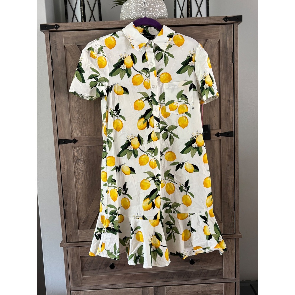 Cynthia Rowley Lemon Print Shirt Dress White Yellow Ruffle Mini Womens XS NWT